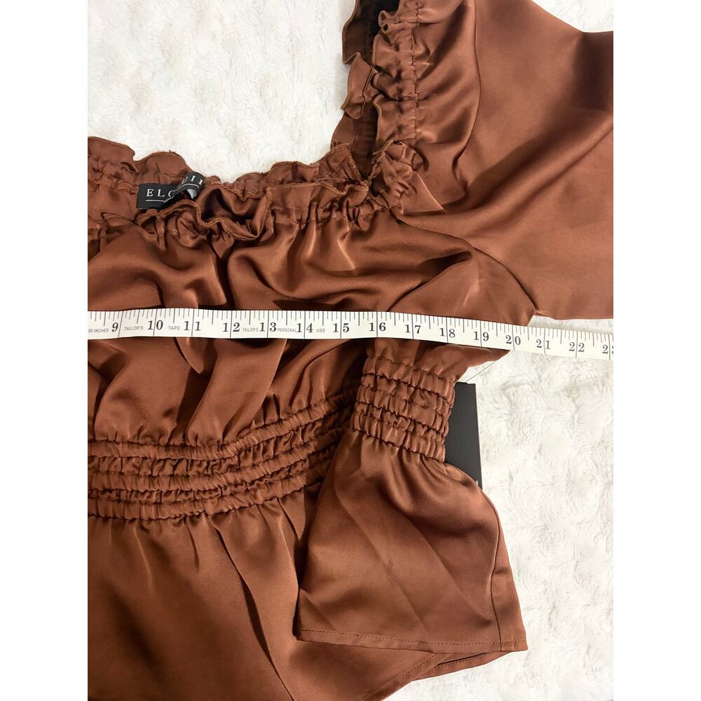 NEW Eloquii Brown Satin Elastic Waist Off the Shoulder Puff Sleeves Top 14 - Picture 10 of 10